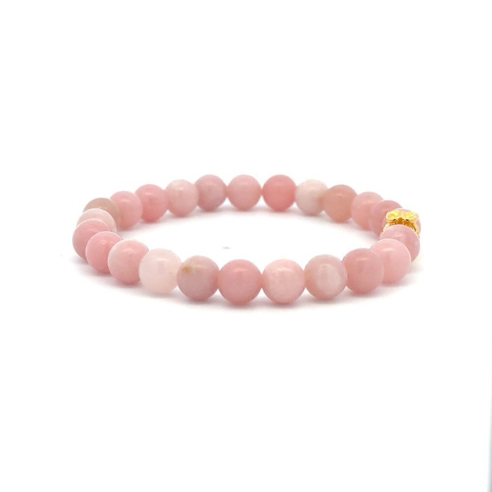 18K Gold Money Bag Lucky Charm Bracelet Gemstones Natural Pink Opal 6mm - Picture 4 of 5
